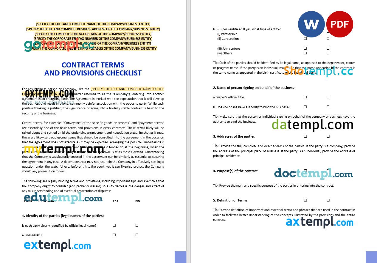 free download contract terms and provisions checklist example, Word and PDF format