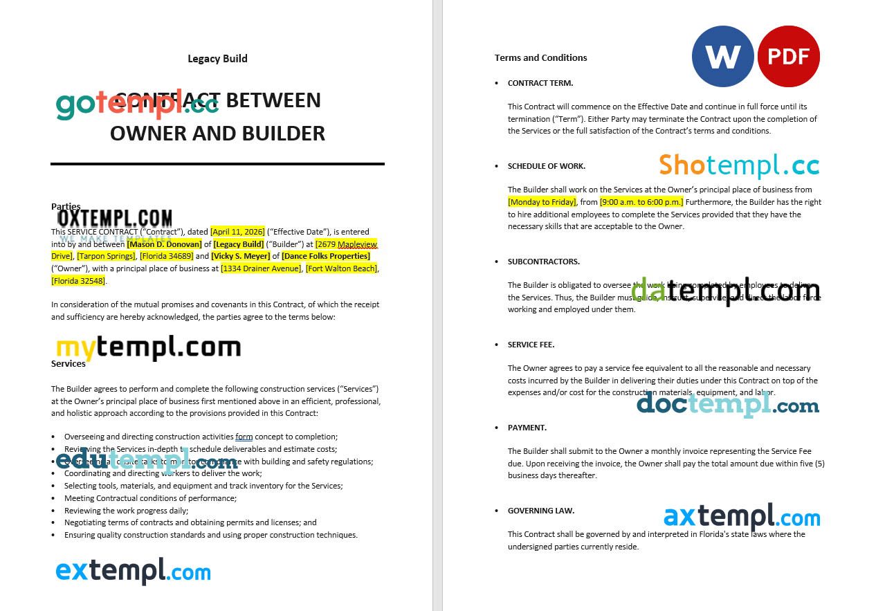 free download contract between owner and builder example, Word and PDF format
