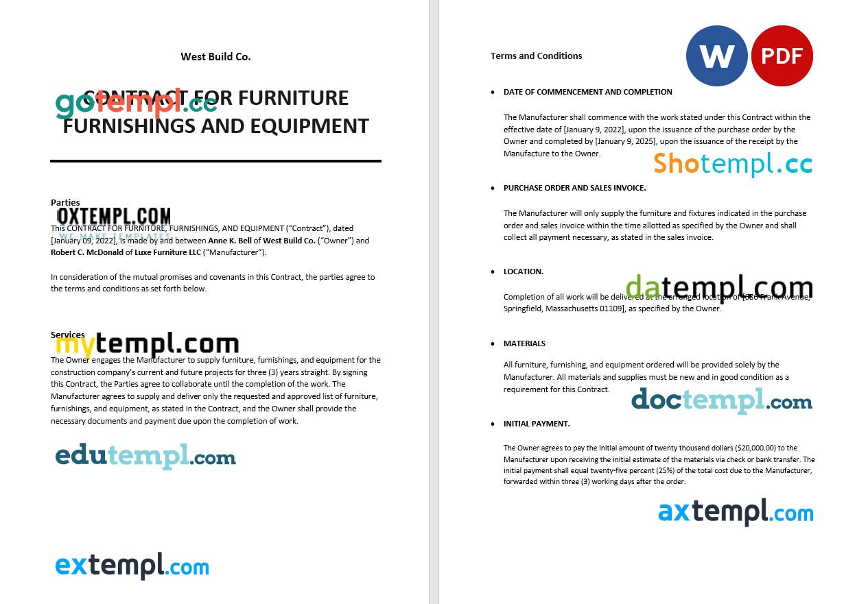 free download contract for furniture furnishings and equipment example, Word and PDF format
