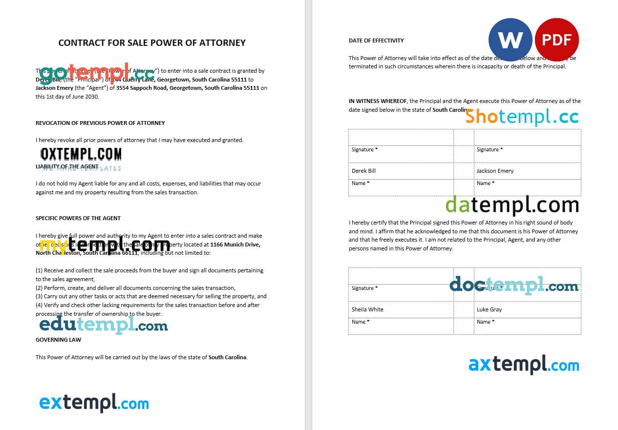 free download contract for sale power of attorney example, Word and PDF format