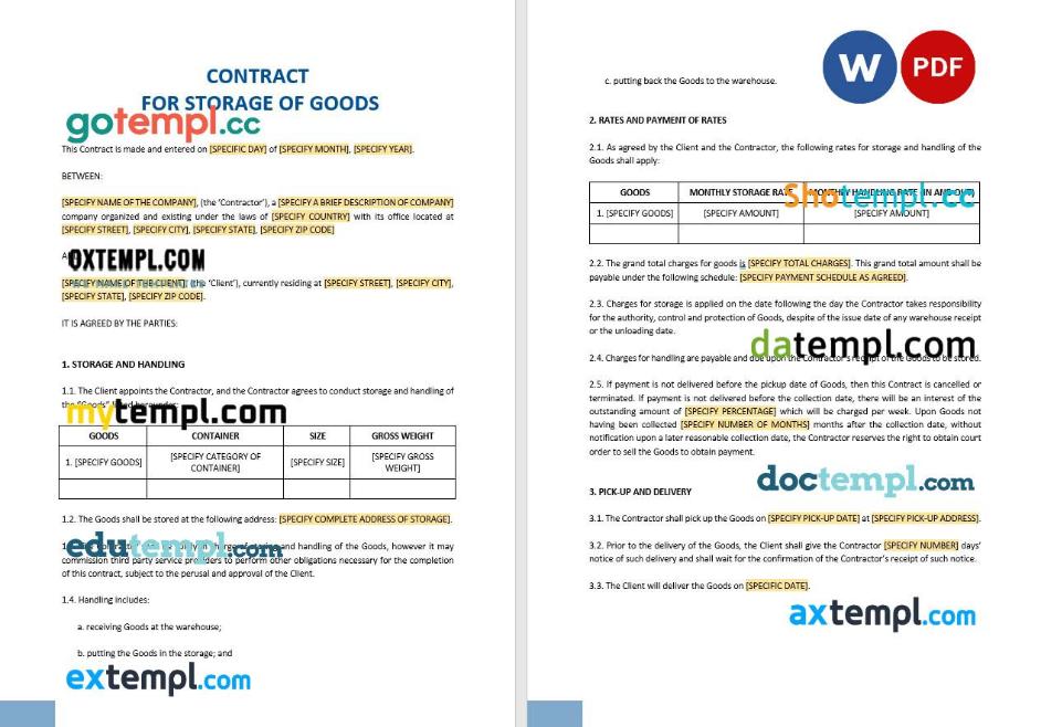 free download contract for storage of goods statement example, Word and PDF format