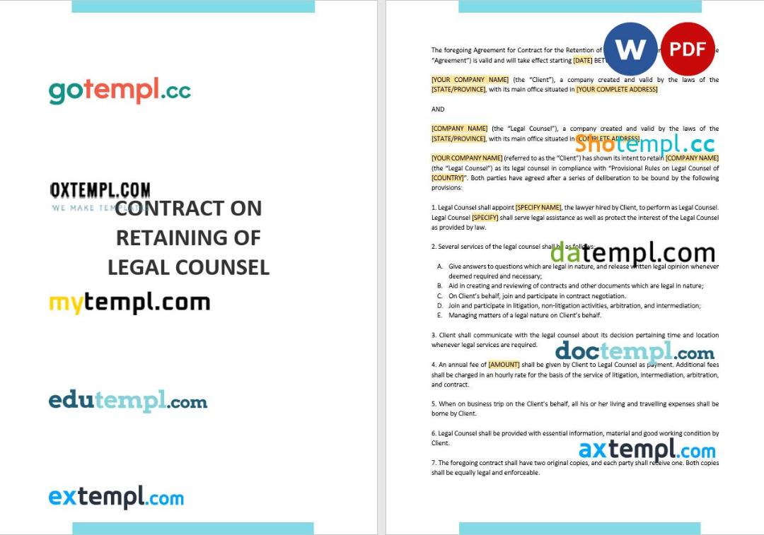 free download contract on retaining legal counsel example, Word and PDF format