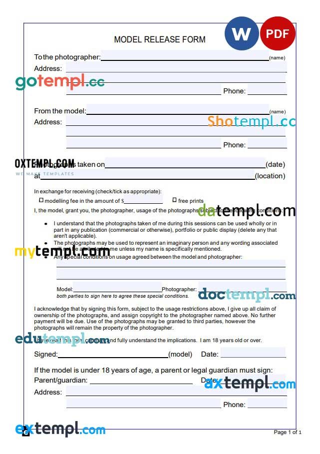 free download copyright model photo release Form example, Word and PDF format