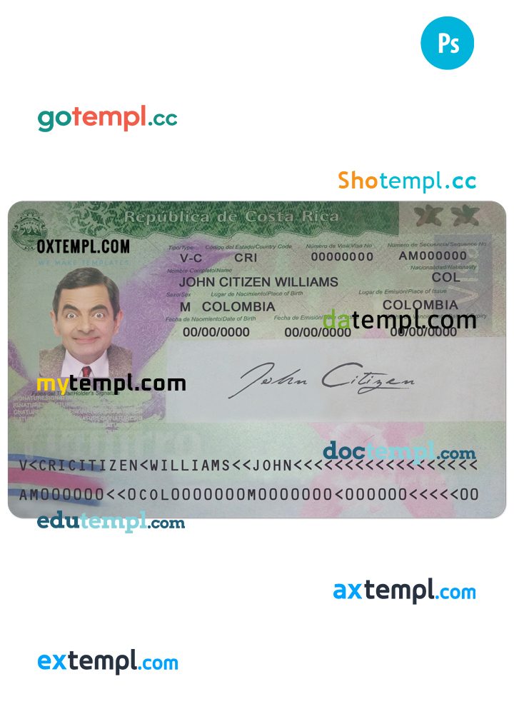 Costa Rican visa PSD example, completely editable, with fonts