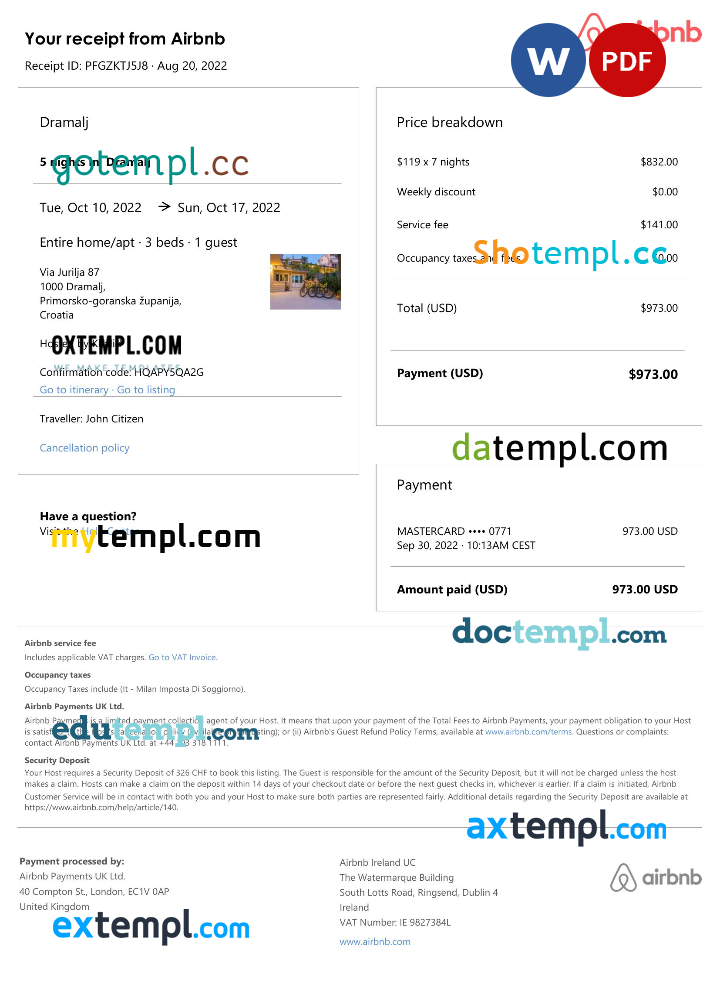 Croatian Airbnb booking confirmation Word and PDF example