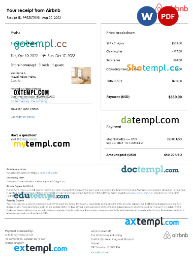 Czechia Airbnb booking confirmation Word and PDF example
