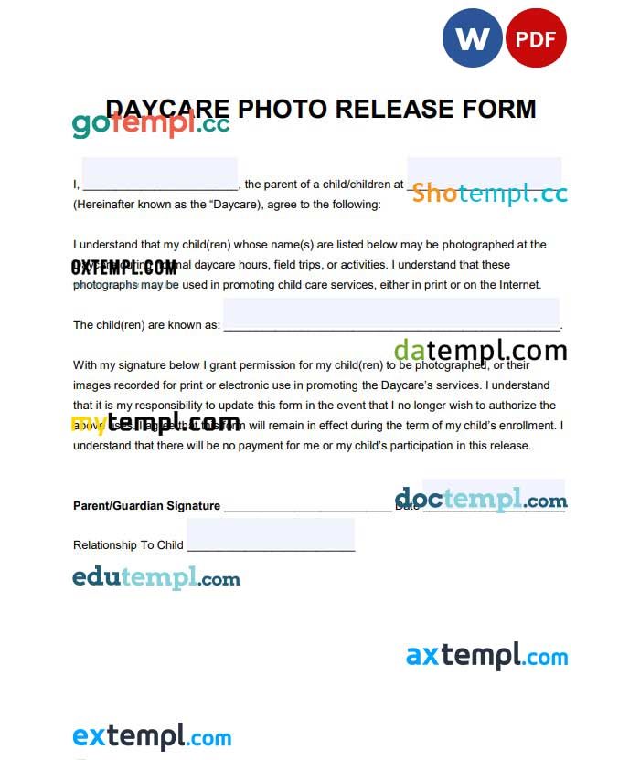 free download daycare photo child release Form example, Word and PDF format