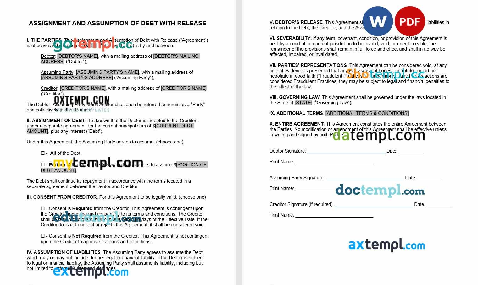 free download debt assignment and assumption with release example, Word and PDF format