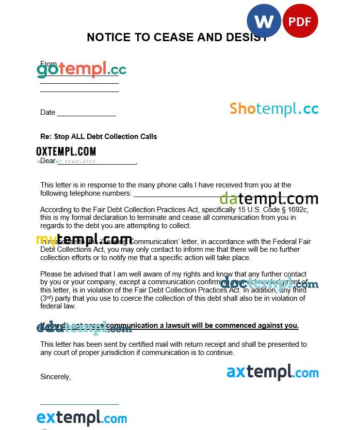free download debt collection cease and desist letter example, Word and PDF format