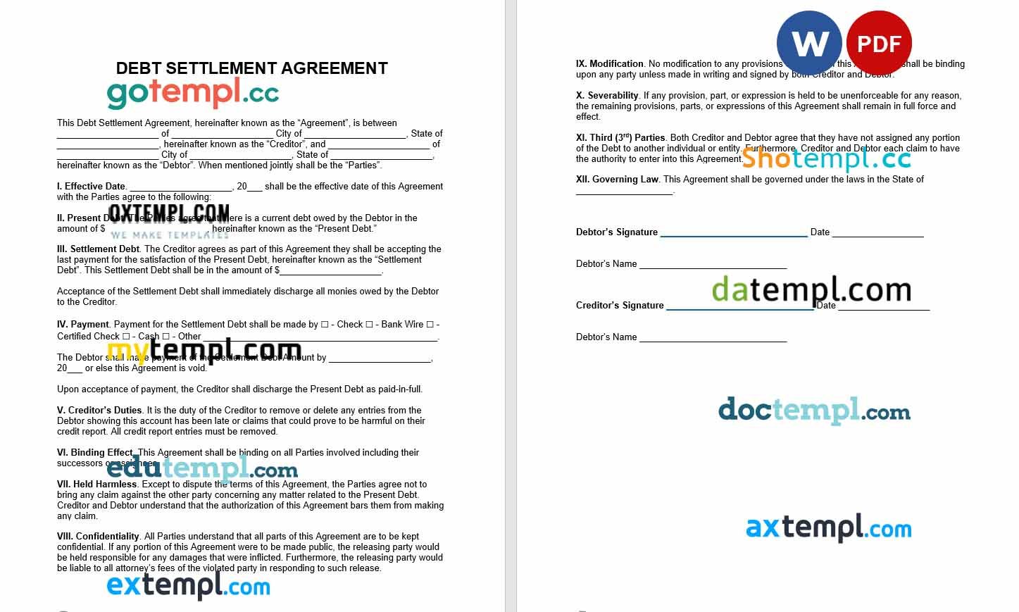 free download debt settlement agreement example, Word and PDF format