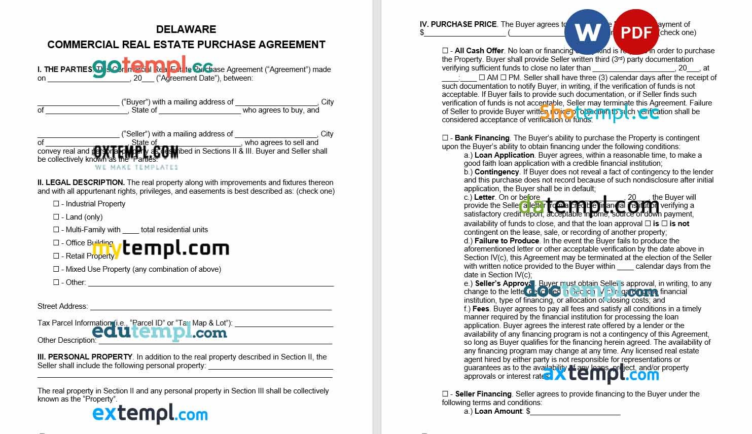 free download delaware commercial real estate purchase agreement example, Word and PDF format