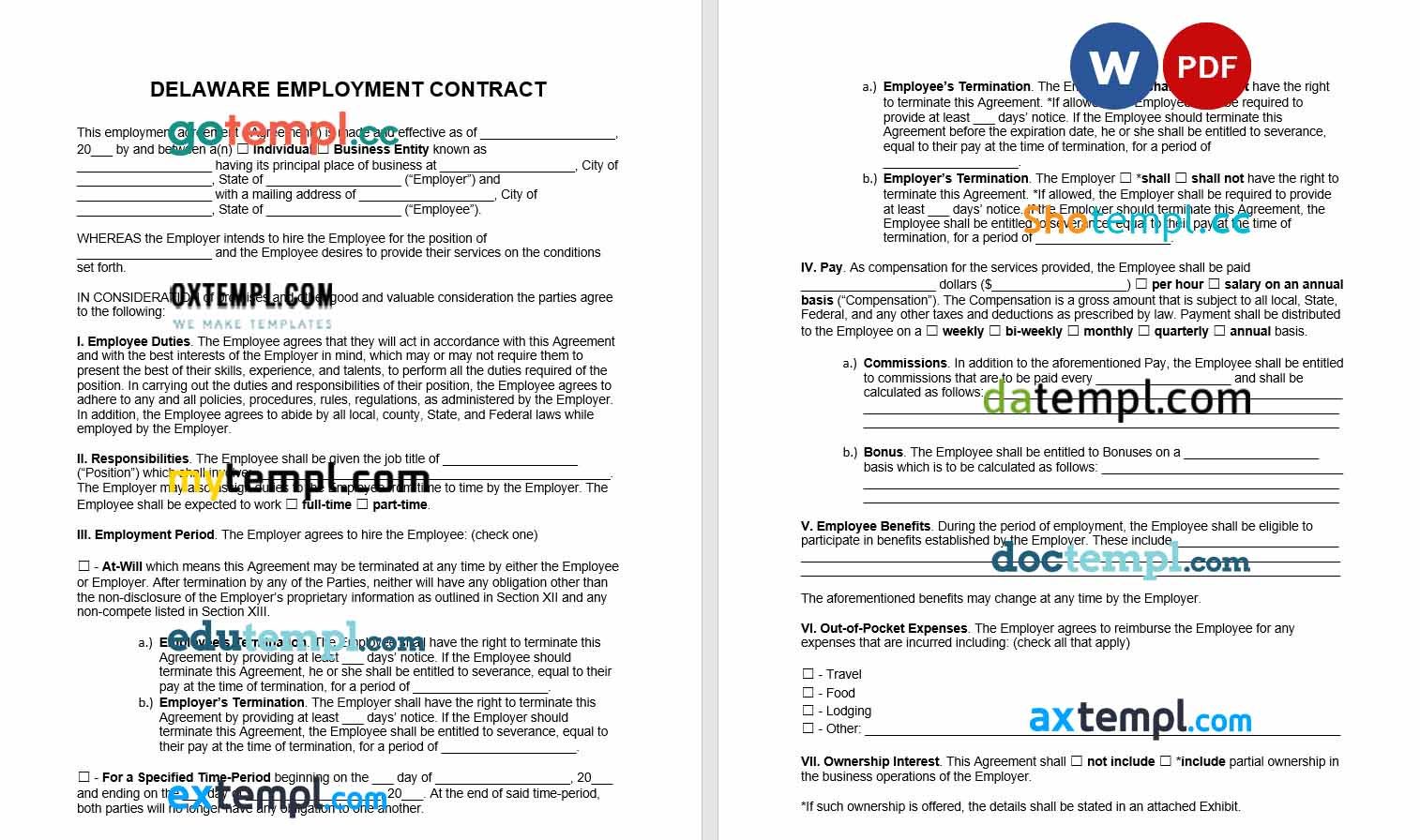 free download delaware employment contract example, Word and PDF format