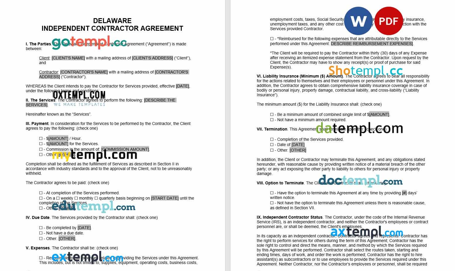 free download delaware independent contractor agreement example, Word and PDF format