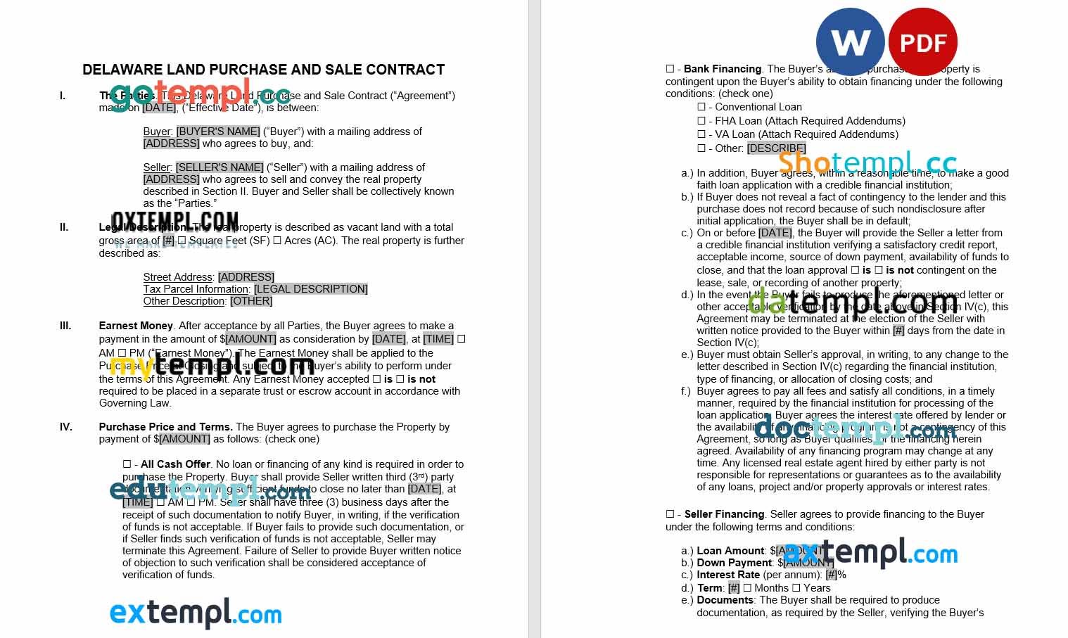 free download delaware land contract example, Word and PDF format