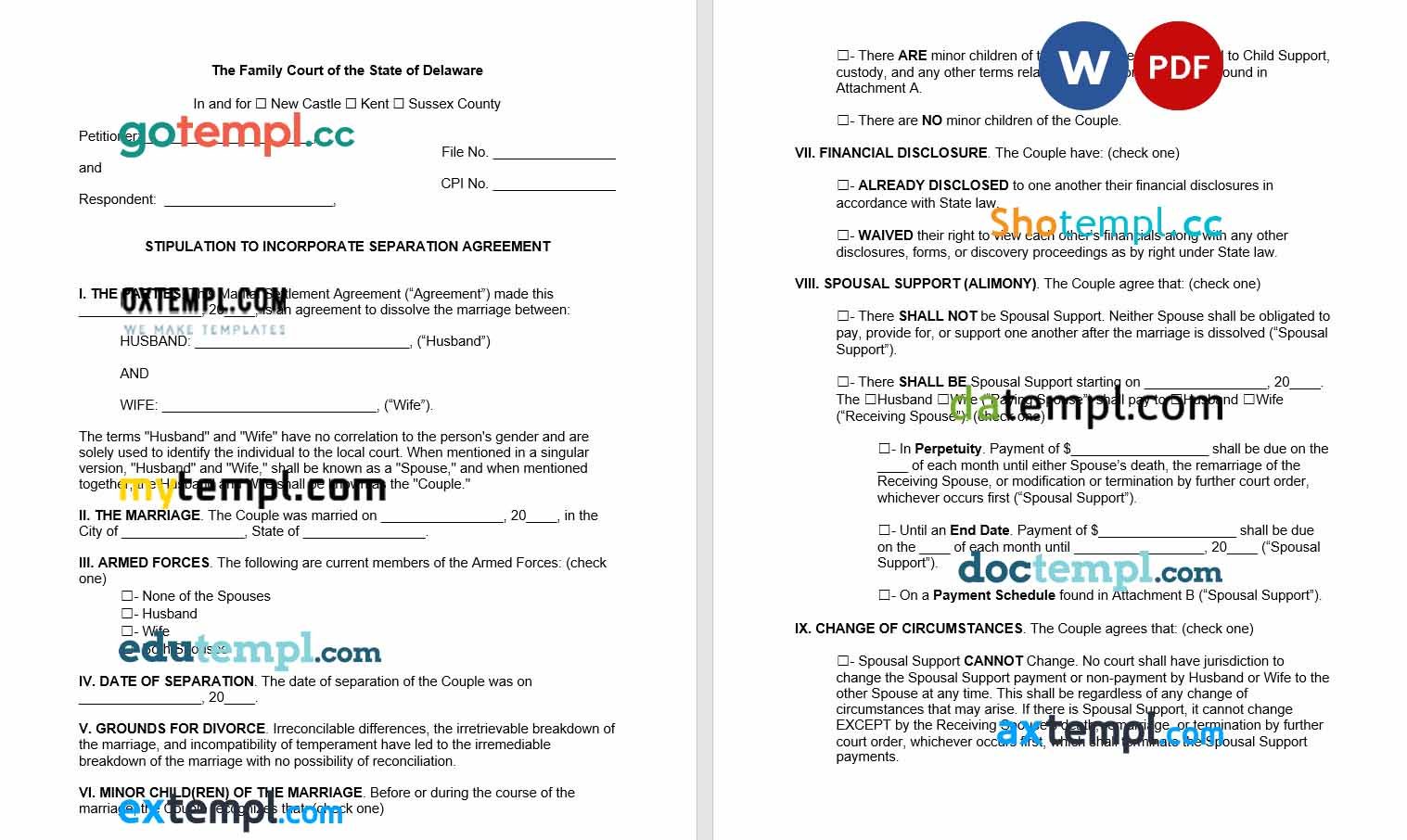 free download delaware marital settlement agreement example, Word and PDF format