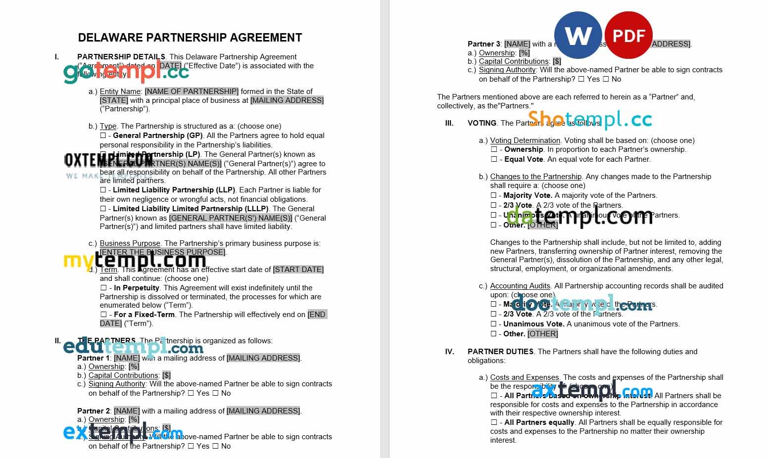 free download delaware partnership agreement example, Word and PDF format