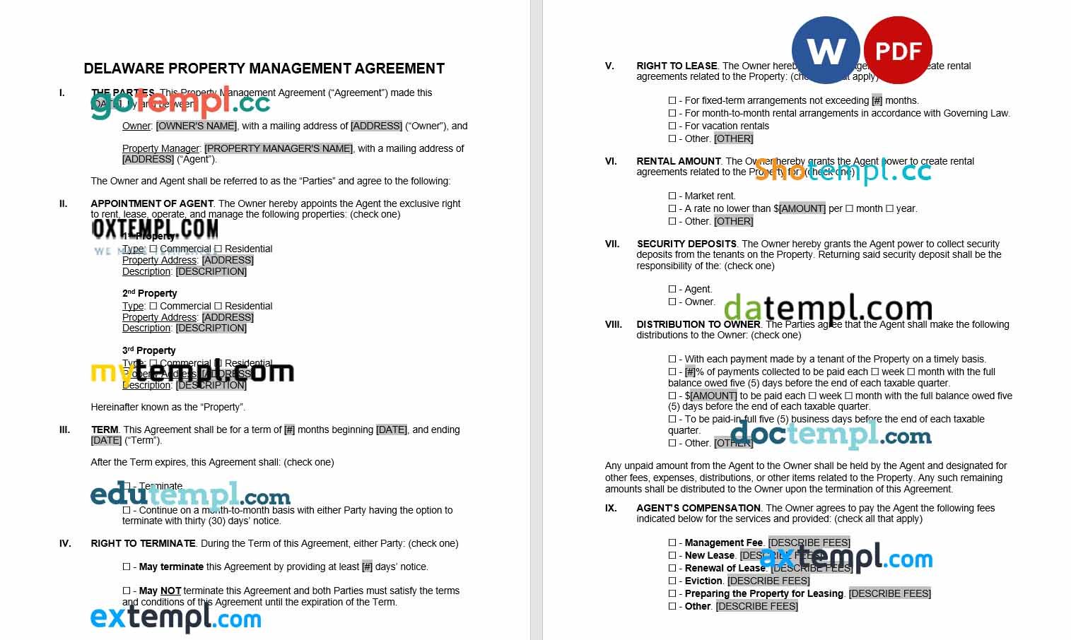 free download delaware property management agreement example, Word and PDF format