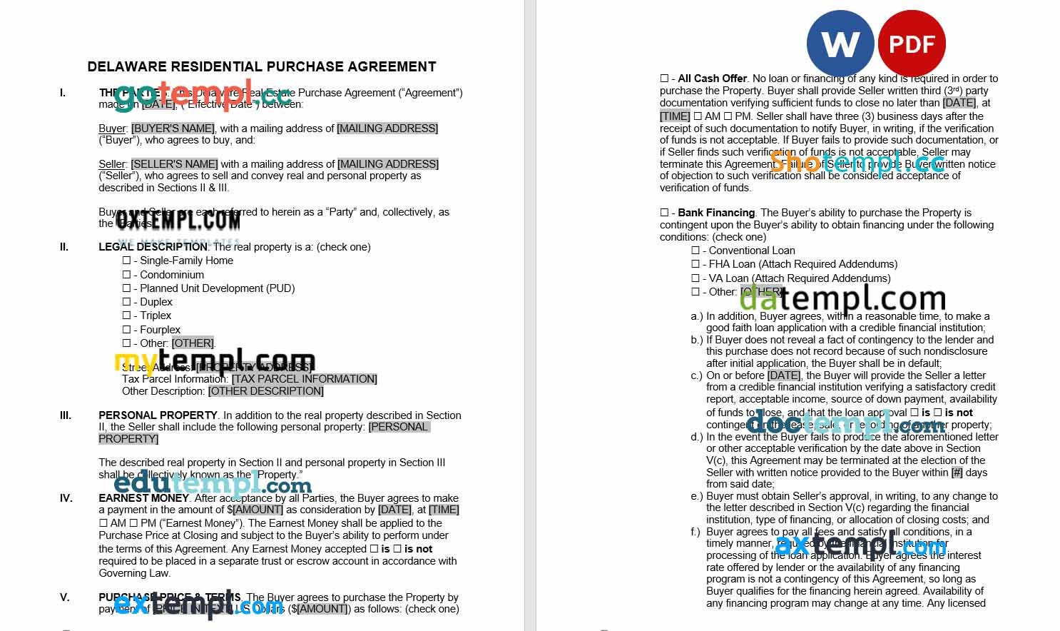 free download delaware residential real estate purchase agreement example, Word and PDF format