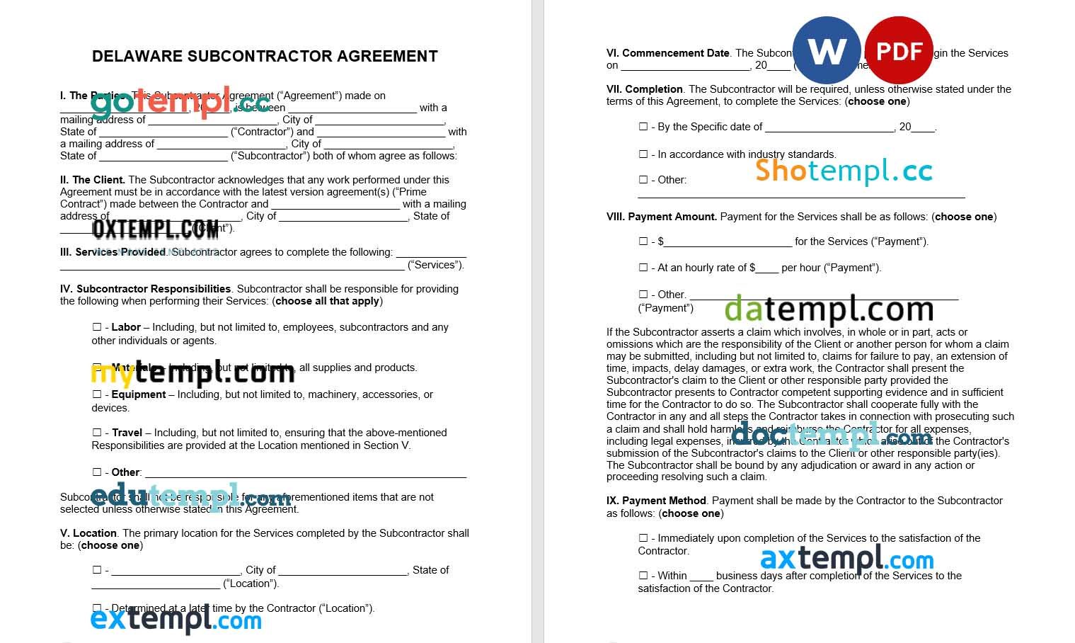 free download delaware subcontractor agreement example, Word and PDF format
