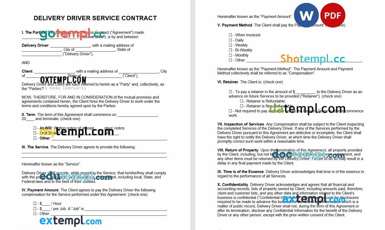 free download delivery driver service contract example, Word and PDF format