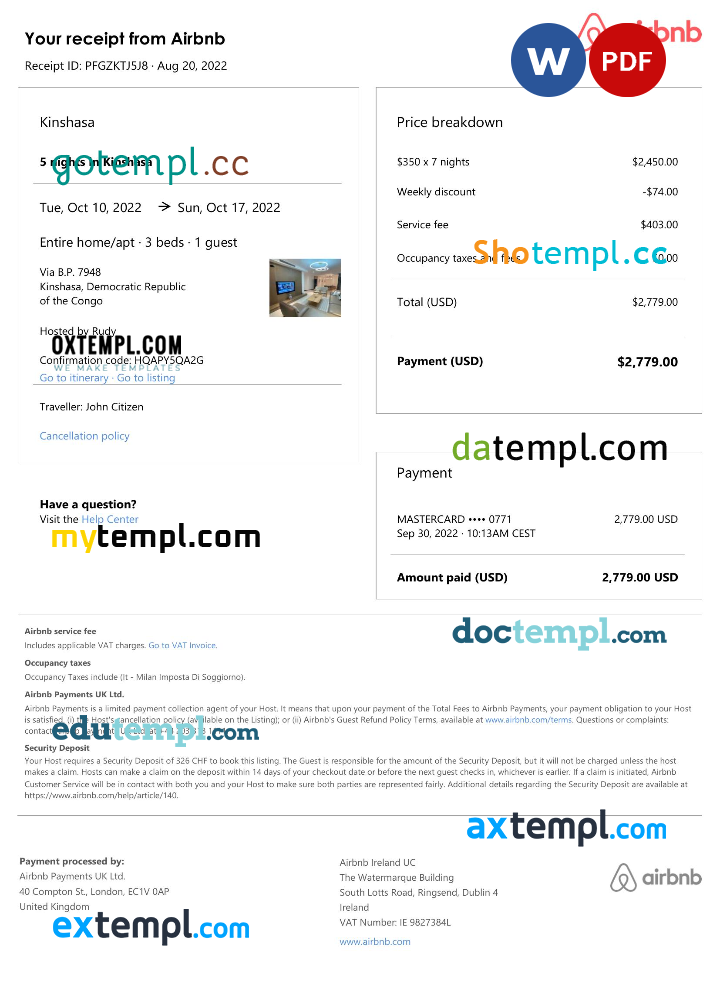Congolese Airbnb booking confirmation Word and PDF example