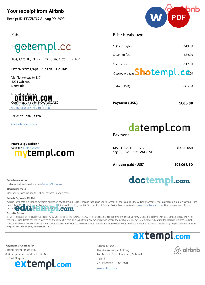Danish Airbnb booking confirmation Word and PDF example