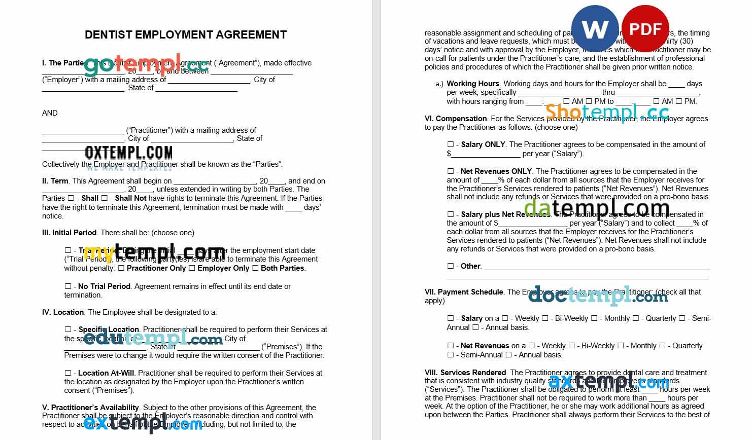 free download dentist employment agreement example, Word and PDF format