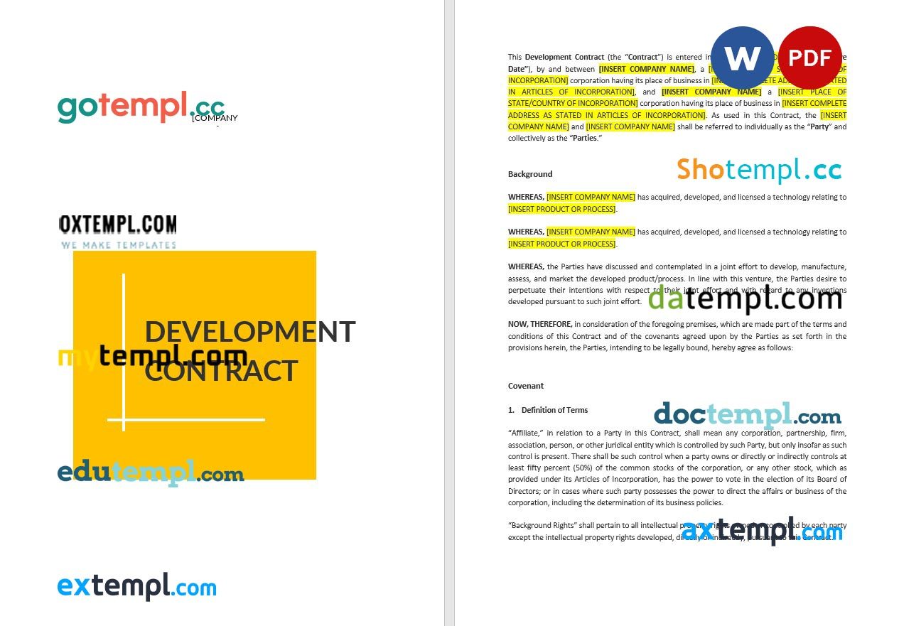 free download development contract example, Word and PDF format