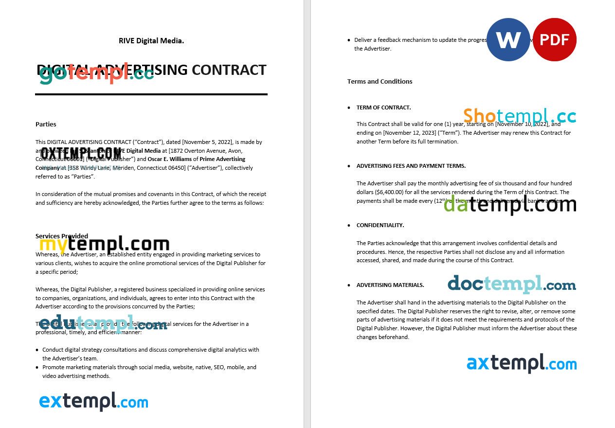 free download digital advertising contract example, Word and PDF format