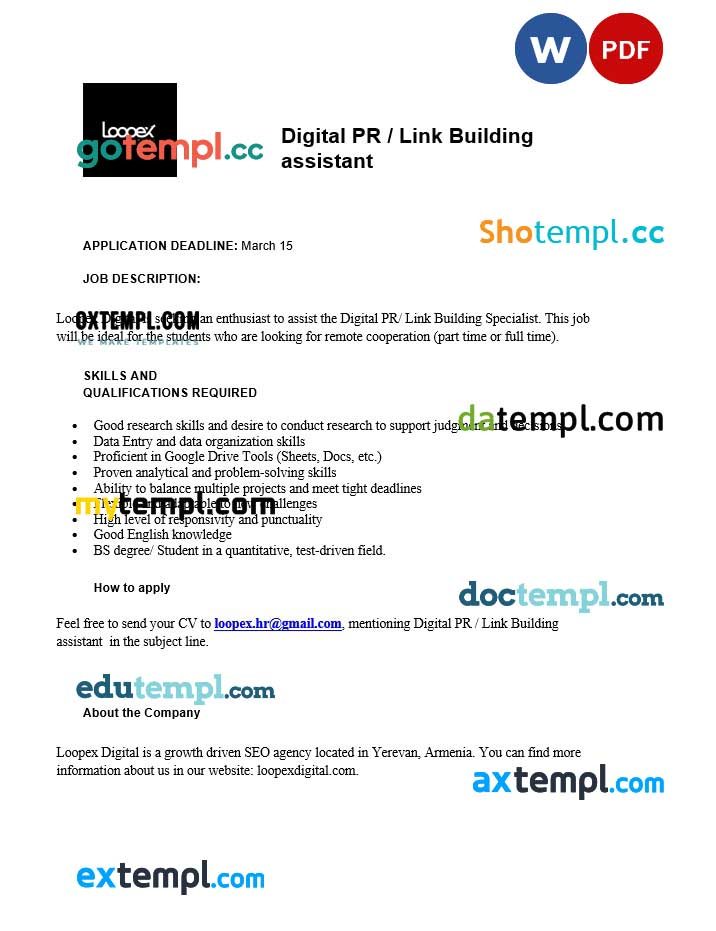 free download digital PR assitant loopex example, Word and PDF format