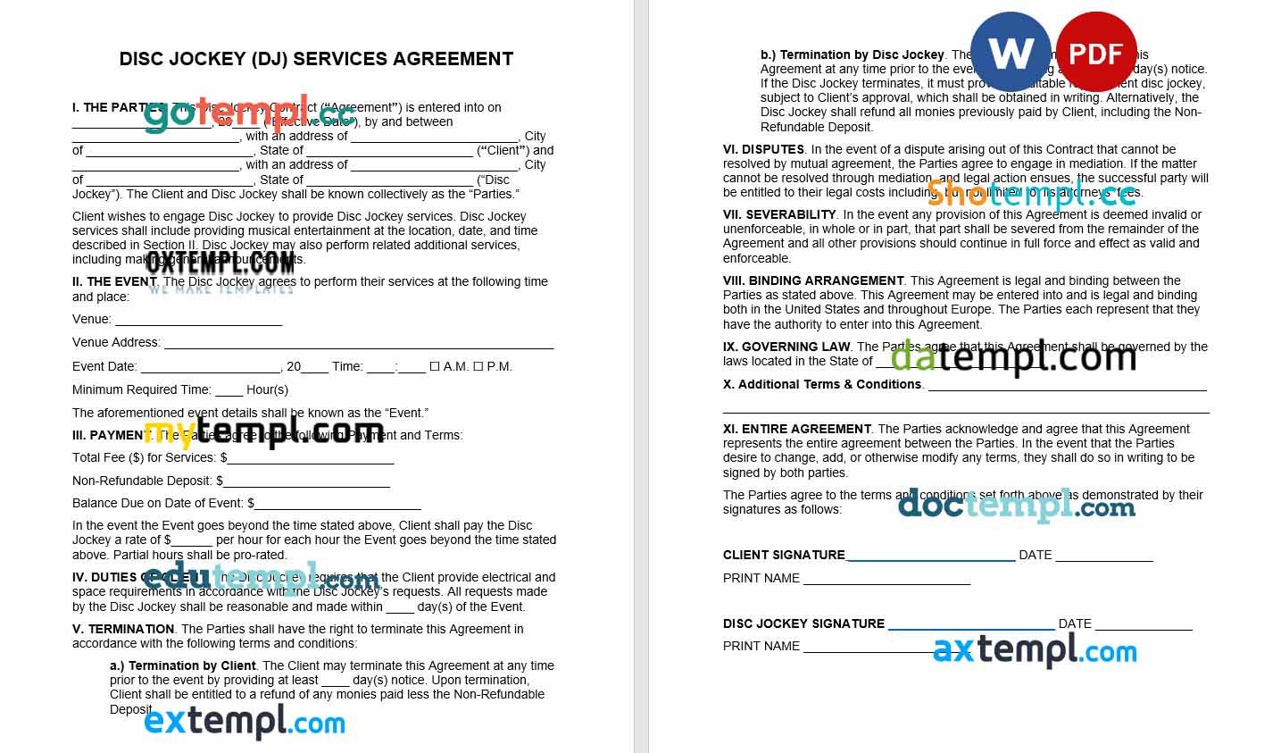 free download disc jockey services contract example, Word and PDF format