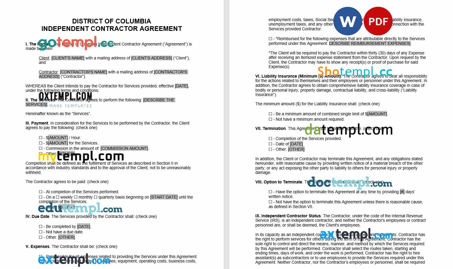 free download district of columbia independent contractor agreement example, Word and PDF format
