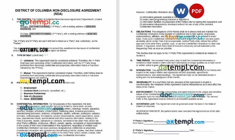 free download district of columbia non-disclosure agreement NDA example, Word and PDF format