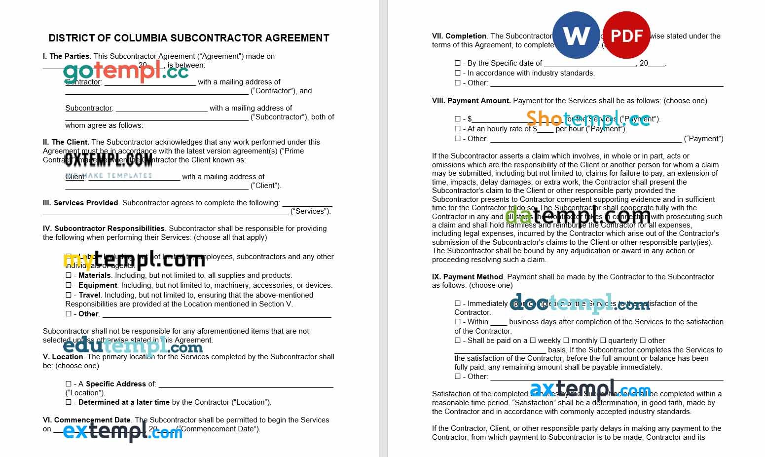 free download district of columbia subcontractor agreement example, Word and PDF format
