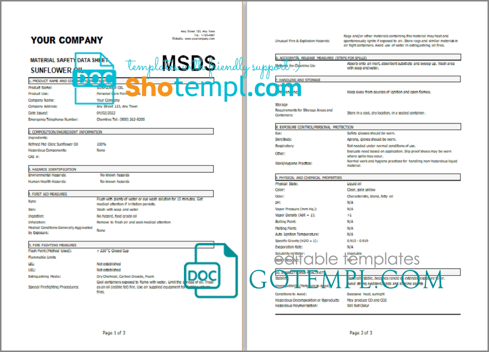 your company material safety data sheet (MSDS) example in Word and PDF format, 3 pages