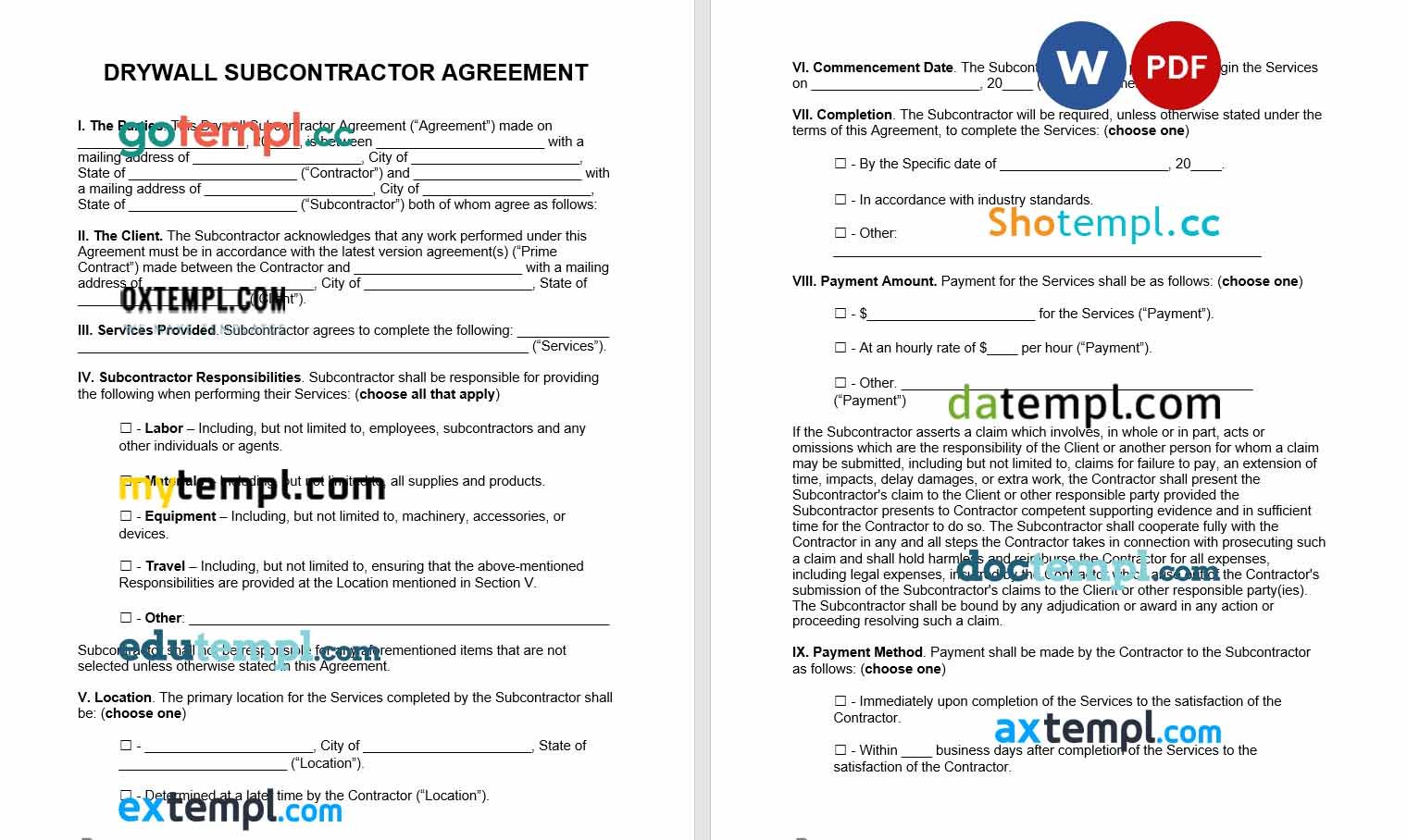 free download drywall subcontractor agreement example, Word and PDF format