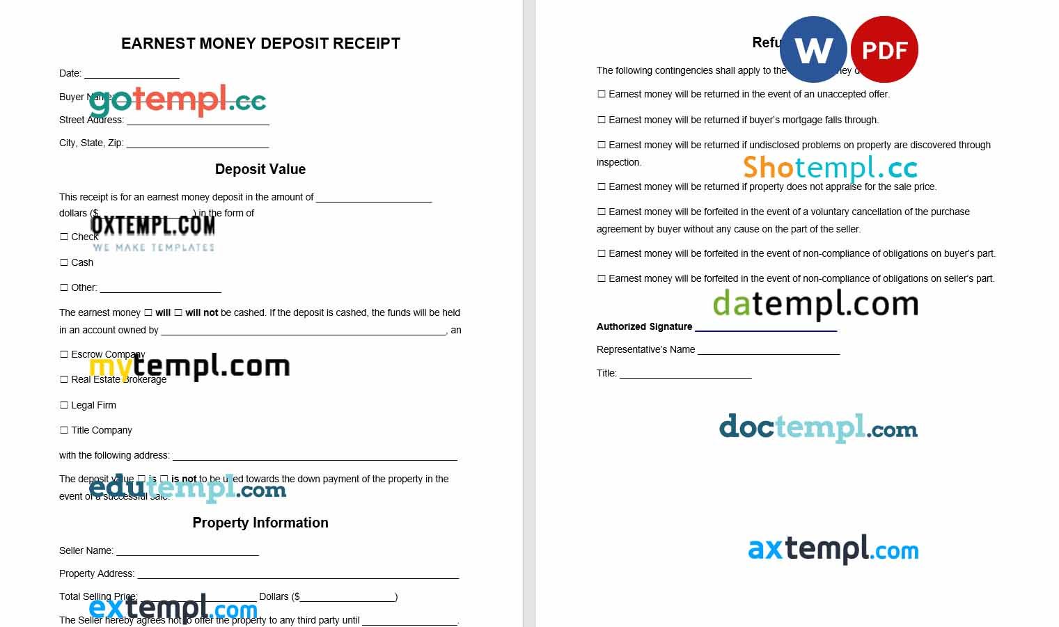 free download earnest money deposit receipt example, Word and PDF format