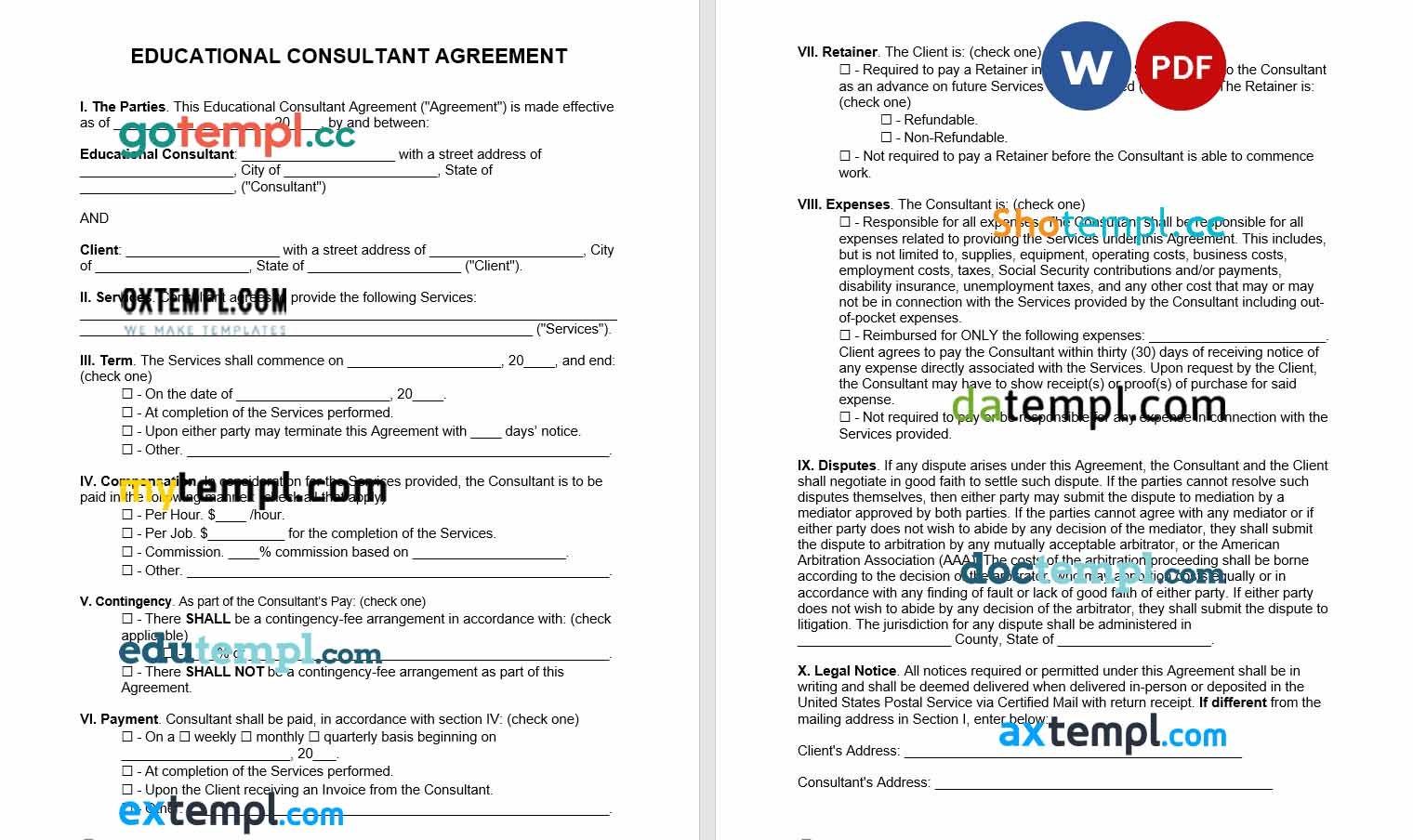 free download educational consultant agreement example, Word and PDF format