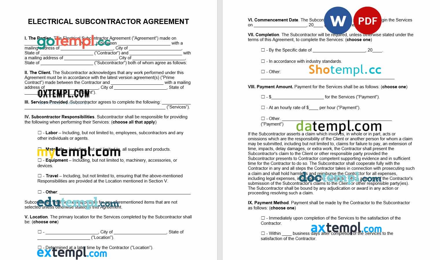free download eectrical subcontractor agreement example, Word and PDF format