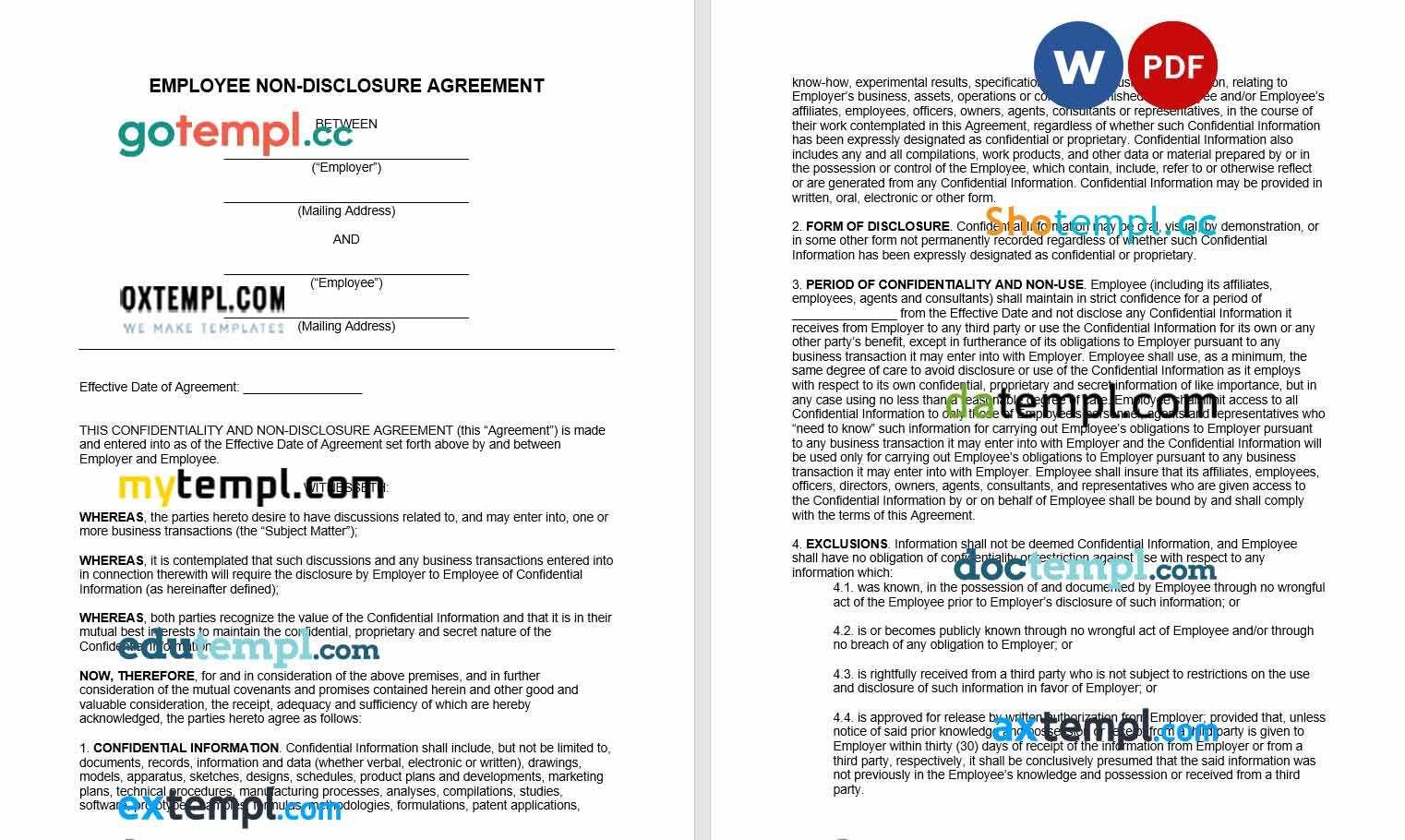 free download employee non-disclosure agreement NDA example, Word and PDF format