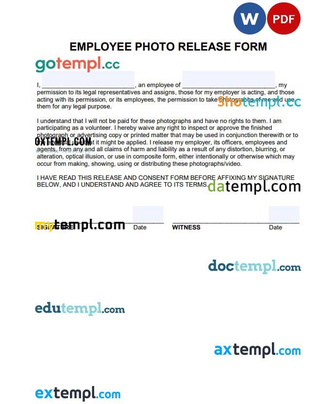 free download employee photo release form example, Word and PDF format