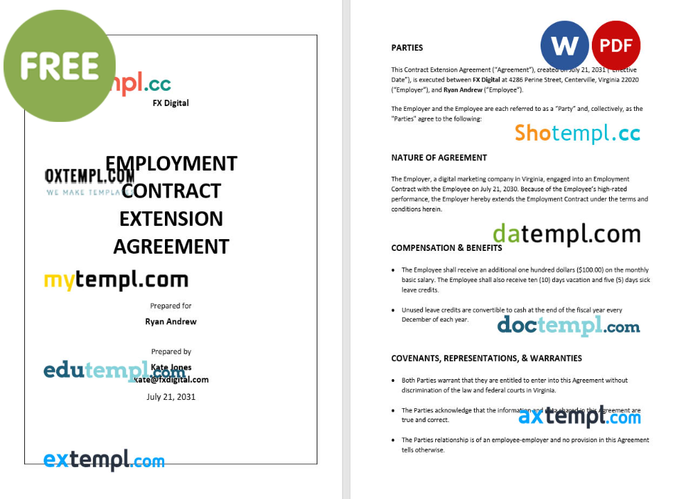free download Employment Contract Extension Agreement example, Word and PDF format