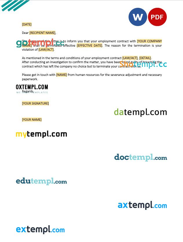 free download employment contract termination letter example, Word and PDF format