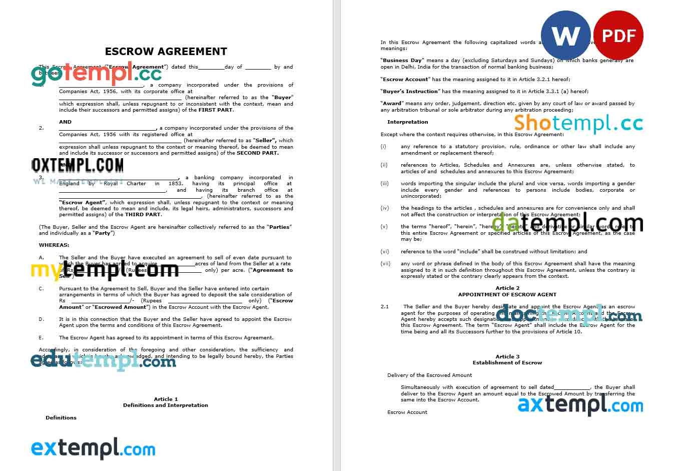 free download escrow agreement example, Word and PDF format