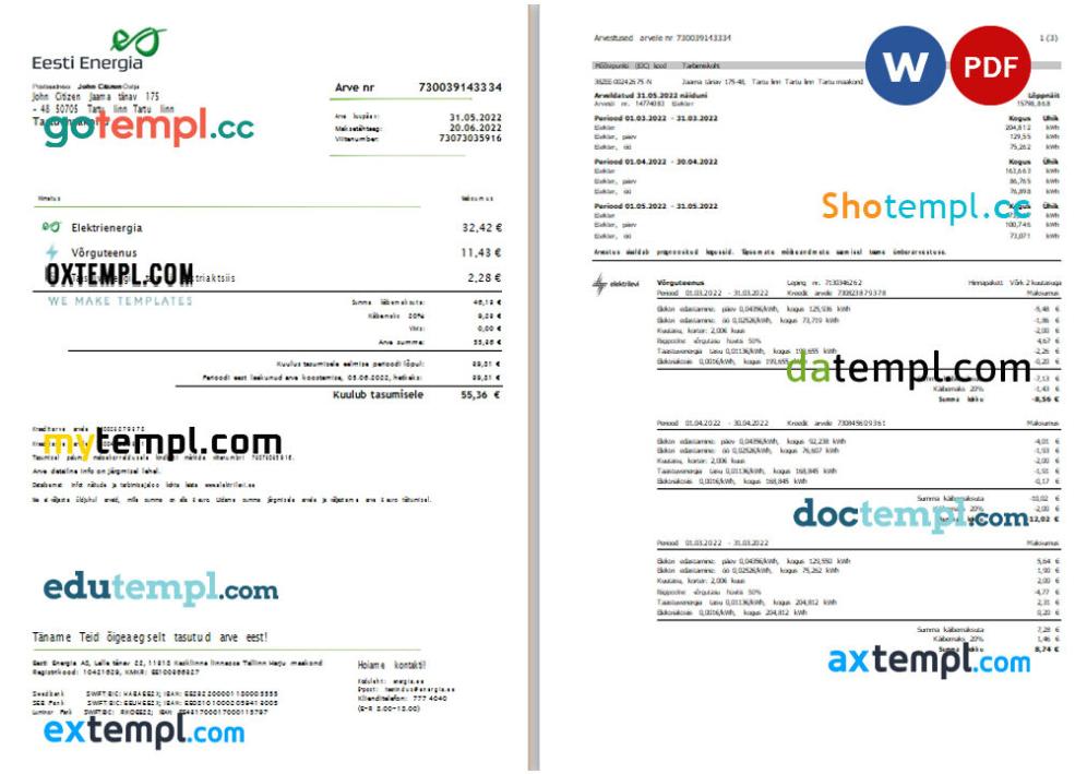 Estonia Eesti Energia utility bill Word and PDF template, 4 pages