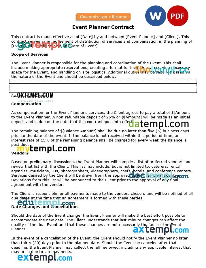 free download event planner contract example, Word and PDF format