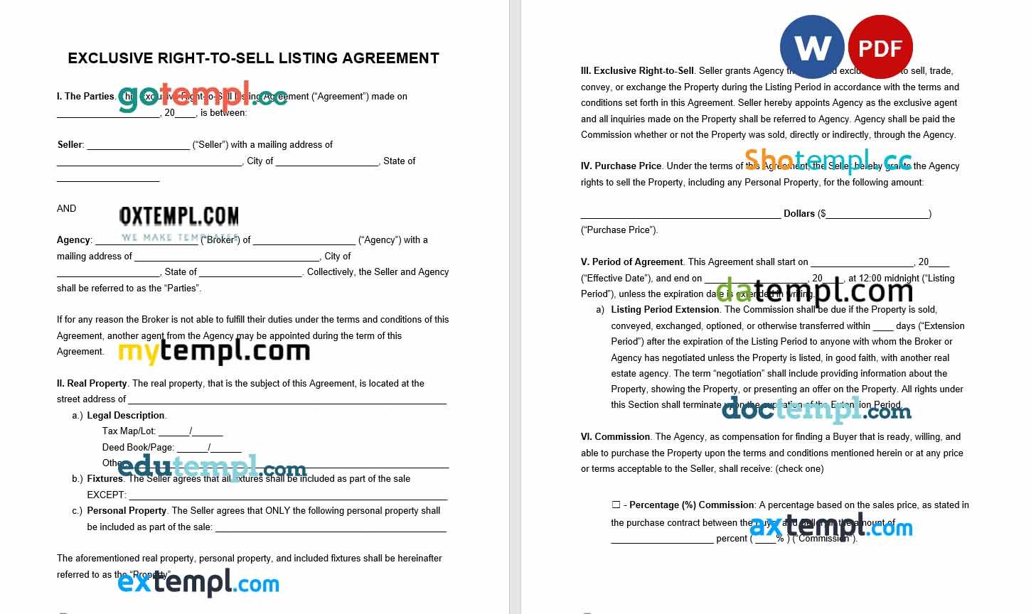 free download exclusive right to sell listing agreement example, Word and PDF format
