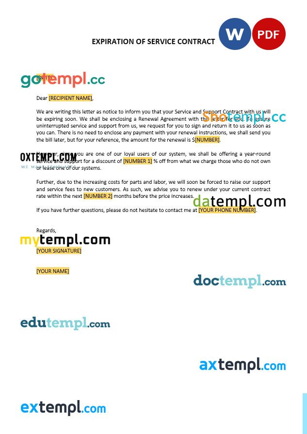 free download expiration of service contract example, Word and PDF format