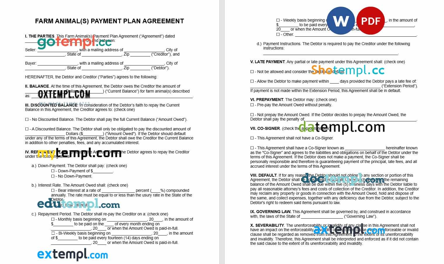 free download farm animal payment plan agreement example, Word and PDF format