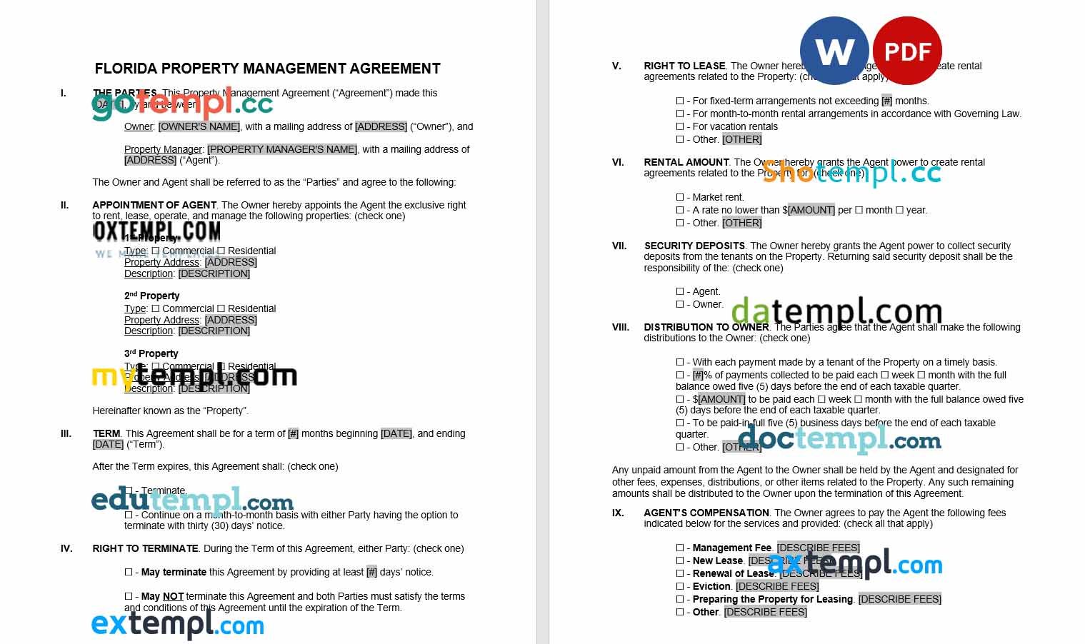 free download florida property management agreement example, Word and PDF format